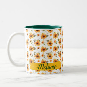 Yellow Wild Sunflower Greenery Holiday Gift Two-Tone Coffee Mug