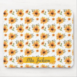 Yellow Wild Sunflower Greenery Name Personalised Mouse Mat
