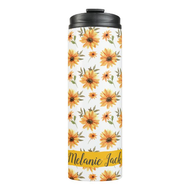 Yellow Wild Sunflower Greenery Name Personalised Thermal Tumbler (Front)