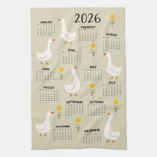 Yellow Wildflower and Goose 2026 Calendar - Beige Tea Towel