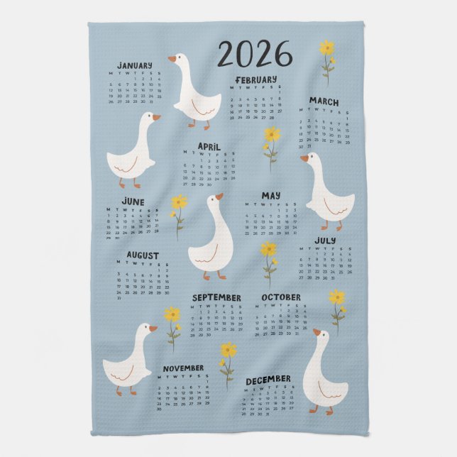 Yellow Wildflower and Goose 2026 Calendar - Blue Tea Towel (Vertical)