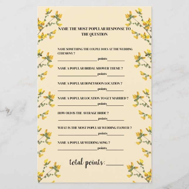 yellow  wildflower boho Bridal Shower Games (Front)
