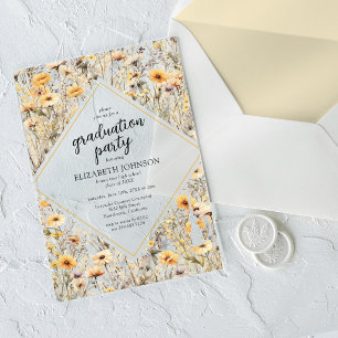 Yellow Wildflower Boho Graduation Party Acrylic Invitations