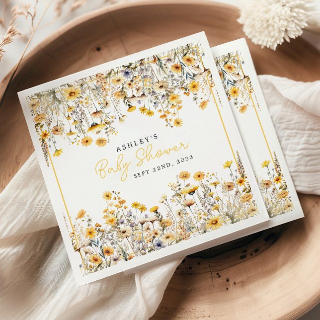Yellow Wildflower Boho Watercolor Baby Shower Napkin (Creator Uploaded)