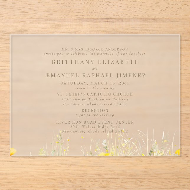 Yellow Wildflower Bride Parents 2 Venue Wedding II Acrylic Invitations (Front)