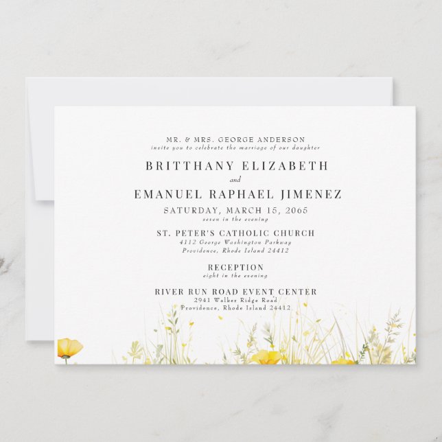 Yellow Wildflower Bride Parents 2 Venue Wedding  Invitation (Front)