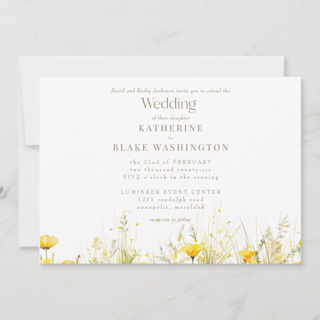 Yellow Wildflower Colourful Gold Text Wedding II Invitation (Front)
