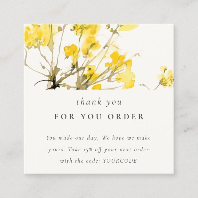 Yellow Wildflower Floral Thank You Order Square Business Card (Front)