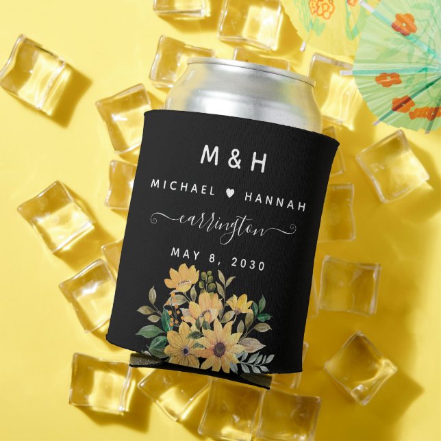 Yellow Wildflower Front and Back Custom Wedding  Can Cooler (In Situ Summer)