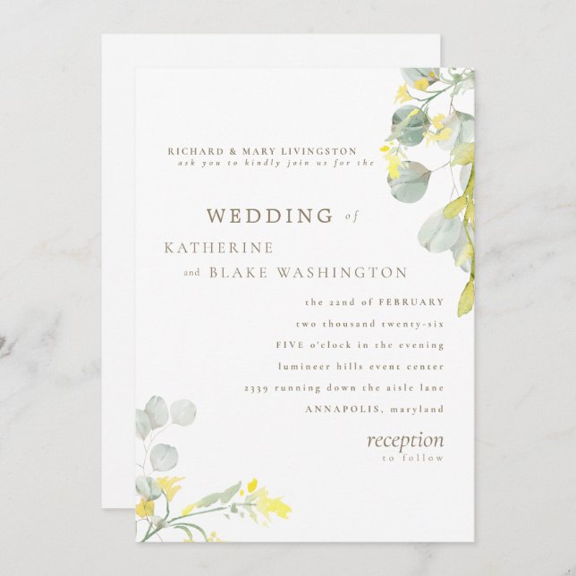 Yellow Wildflower Gold Text Eucalyptus Wedding Invitation (Front/Back)