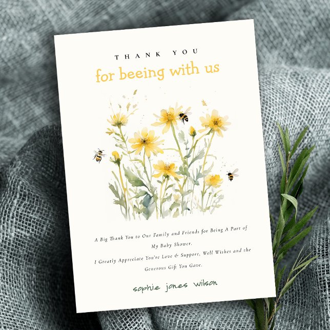 Yellow Wildflower Mum To Bee Neutral Baby Shower Thank You Card (Creator Uploaded)