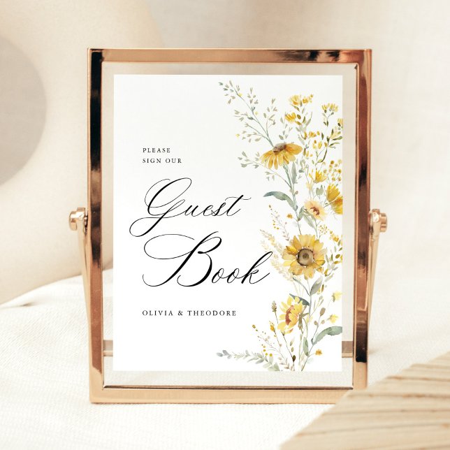 Yellow Wildflower Sunflower Guest Book Wedding Pedestal Sign (Yellow wildflower sunflower wedding guest book sign yellow floral wedding signage elegant table sign)