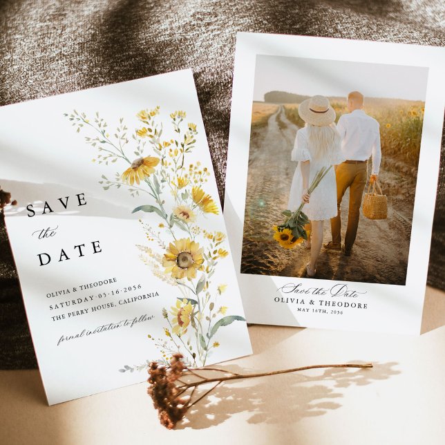 Yellow Wildflower Sunflower Wedding Photo Back Save The Date (Yellow sunflower wildflower photo save the date card elegant rustic garden wedding stationery)