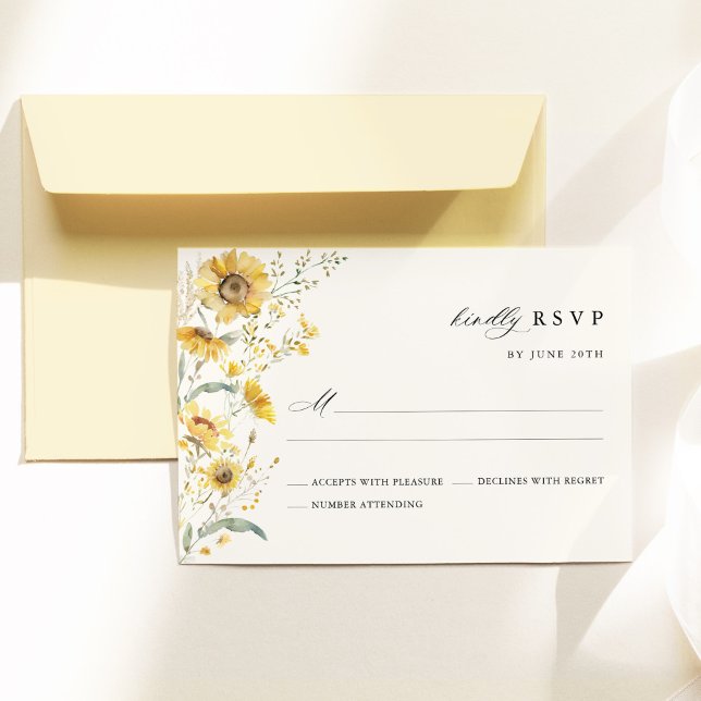 Yellow Wildflower Sunflower Wedding RSVP Card (Yellow sunflower wildflower wedding RSVP card, watercolor elegant floral garden wedding stationery)