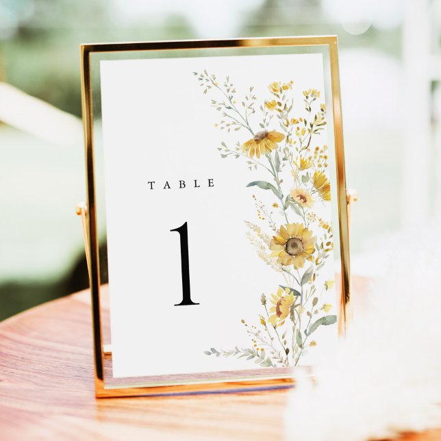 Yellow Wildflower Sunflower Wedding Table Numbers (yellow wildflower sunflower wedding table number sign floral table number gold frame reception decor)