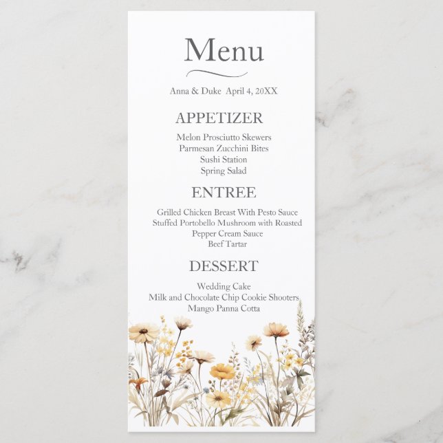 Yellow Wildflower Wedding Menu (Front)