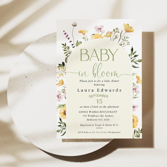 Yellow Wildflowers Baby In Bloom Baby Shower  Invitation (Gender neutral wildflower baby in bloom baby shower invitation. Modern arch wildflowers baby shower)