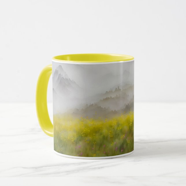 Yellow Wildflowers Field Foggy Mountains Art Mug (Front Left)