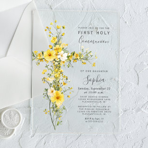 Yellow Wildflowers Floral Cross First Communion Acrylic Invitations