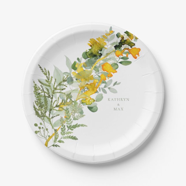 Yellow Wildflowers Foliage Couple Names Wedding Paper Plate (Front)