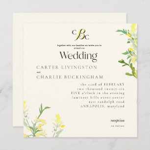 Yellow Wildflowers Monogram Square Wedding III Invitation