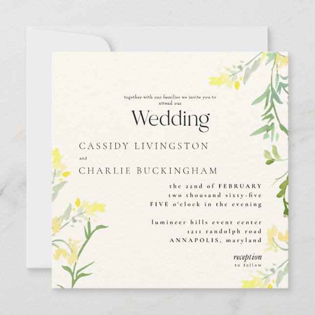 Yellow Wildflowers Monogram Square Wedding Invitation (Front)