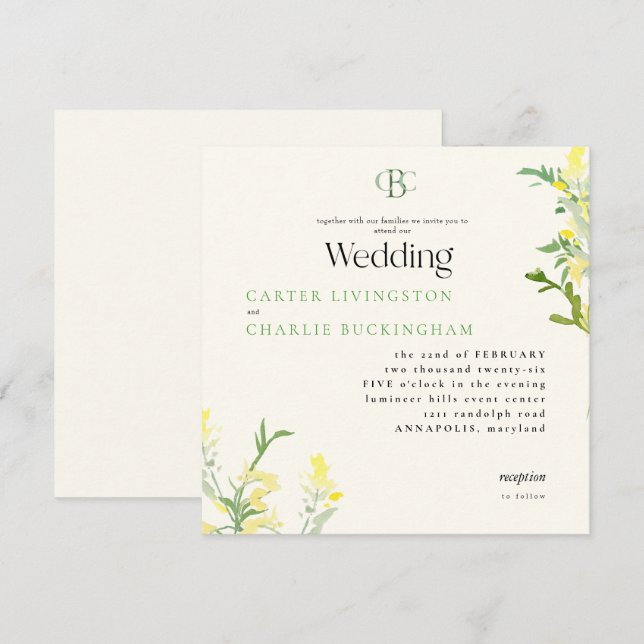 Yellow Wildflowers Monogram Square Wedding Invitation (Front/Back)