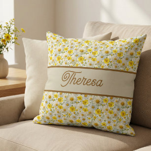 Yellow Wildflowers Pattern Monogram Name Cushion