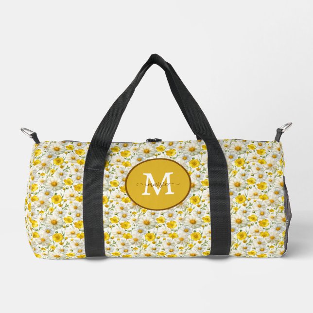 Yellow Wildflowers Pattern Monogram Name Duffle Bag (Front)