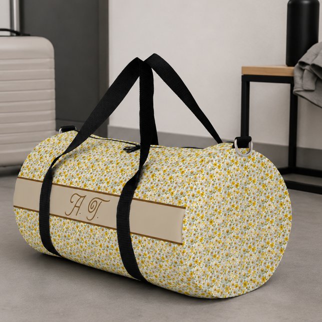 Yellow Wildflowers Pattern Monogram Name Duffle Bag (Creator Uploaded)