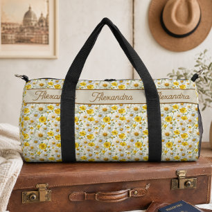 Yellow Wildflowers Pattern Monogram Name Duffle Bag