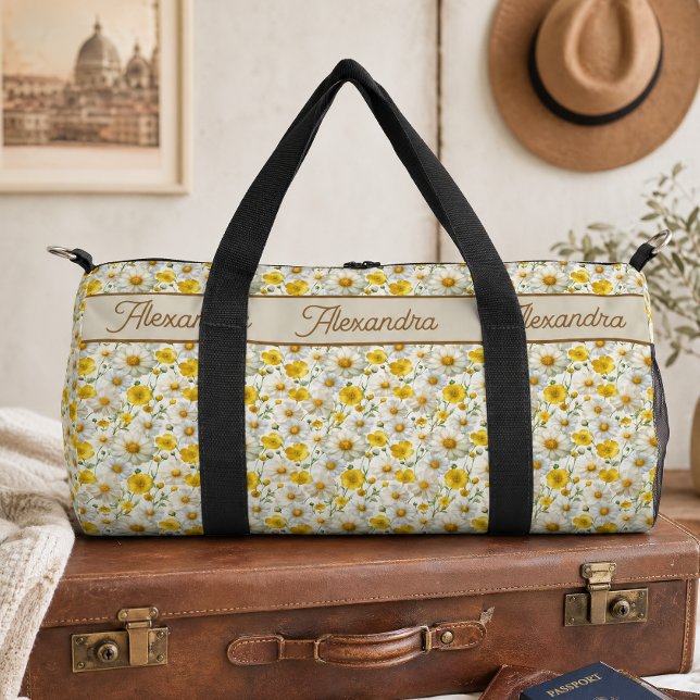 Yellow Wildflowers Pattern Monogram Name Duffle Bag (Creator Uploaded)