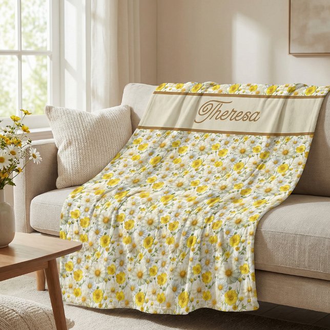 Yellow Wildflowers Pattern Monogram Name Fleece Blanket (Creator Uploaded)