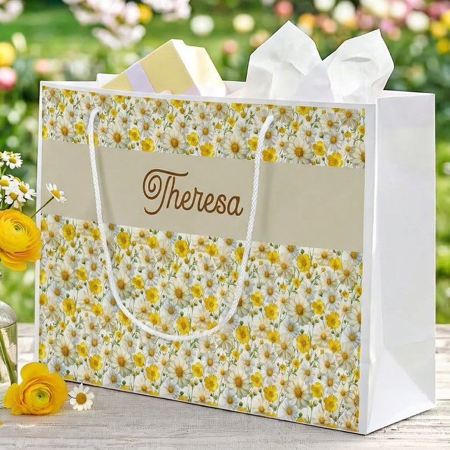Yellow Wildflowers Pattern Monogram Name Large Gift Bag (Creator Uploaded)