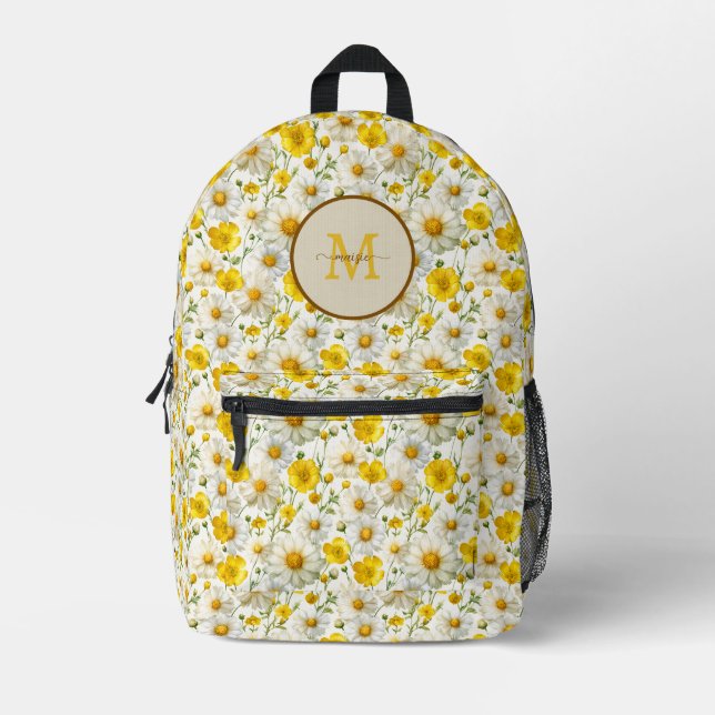 Yellow Wildflowers Pattern Monogram Name Printed Backpack (Front)
