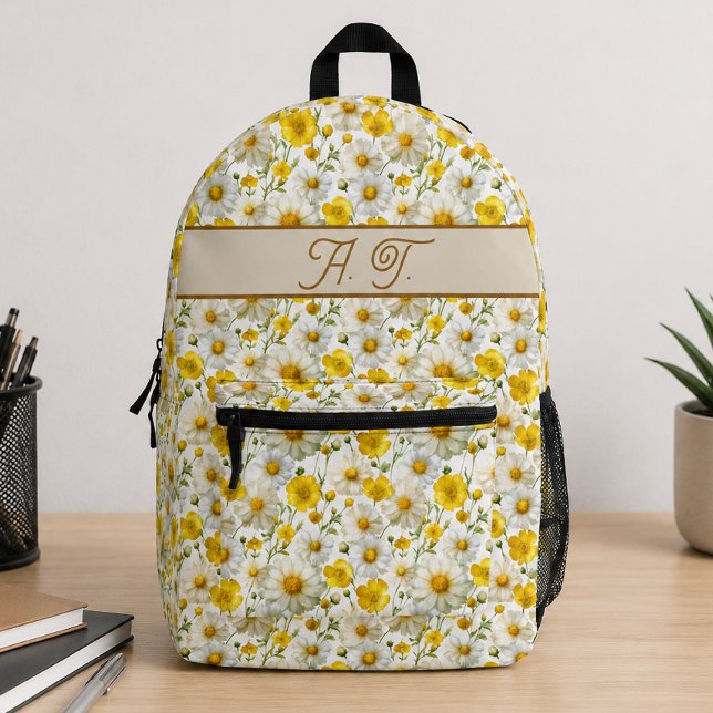 Yellow Wildflowers Pattern Monogram Name Printed Backpack (Creator Uploaded)