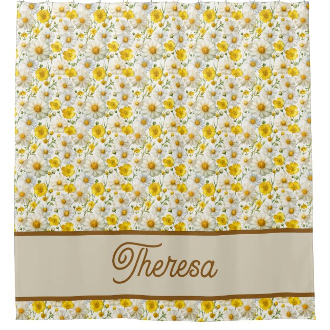Yellow Wildflowers Pattern Monogram Name Shower Curtain (Front)