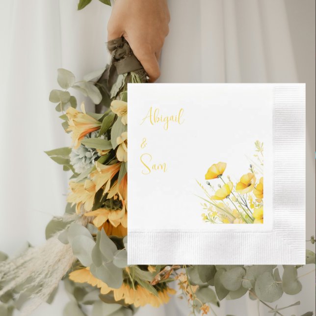 Yellow Wildflowers Personalised Wedding Cocktail Napkin (Creator Uploaded)