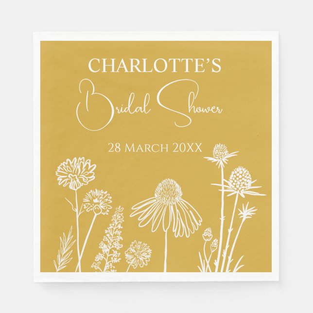 Yellow Wildflowers Sketched Floral Bridal Shower  Napkin (Front)