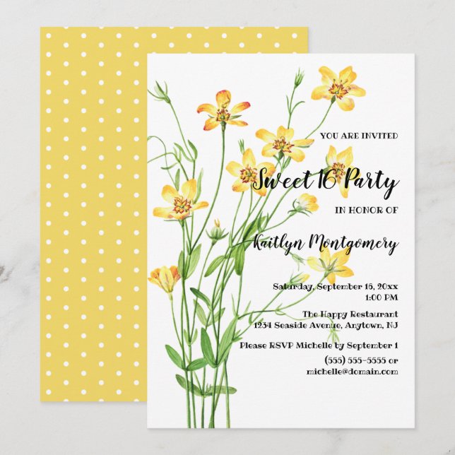 Yellow Wildflowers Sweet 16 Birthday Party Invitation (Front/Back)