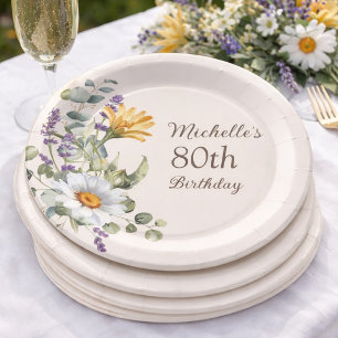 Yellow Wildflowers White Daisies 80th Birthday Paper Plate
