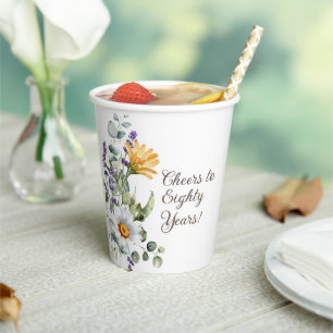 Yellow Wildflowers White Daisies Cheers 80 Years Paper Cups