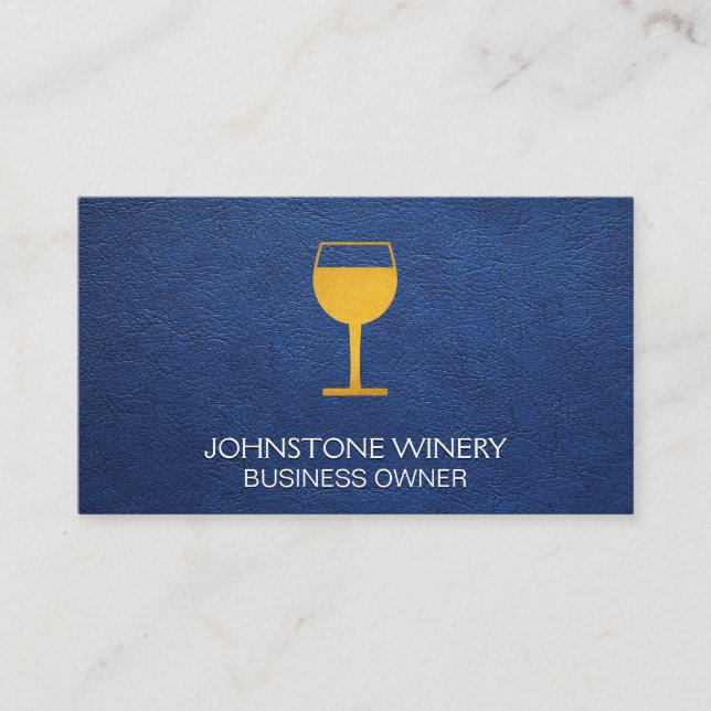 Yellow Wine Glass | Blue Leather Business Card (Front)