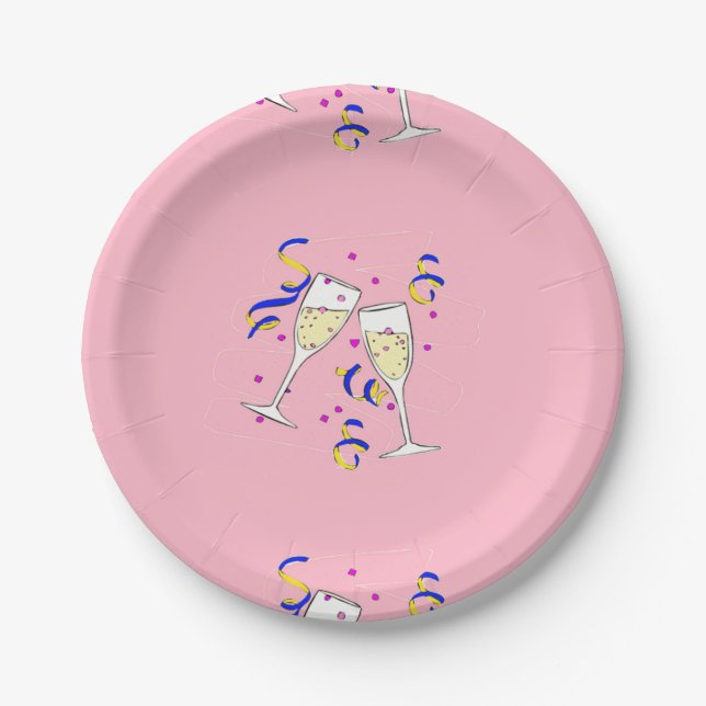 yellow wine on pink paper plate (Front)