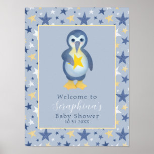 Yellow Winter Star Penguin Baby Shower Welcome Poster