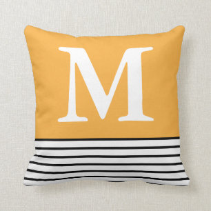 Yellow With B/W Stripes Custom Monogrammed Cushion