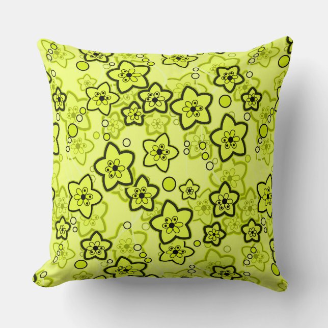 Yellow with black bright neon floral pattern cushion (Front)