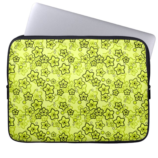 Yellow with black bright neon floral pattern laptop sleeve (Front)