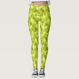 Yellow with black bright neon floral pattern leggings