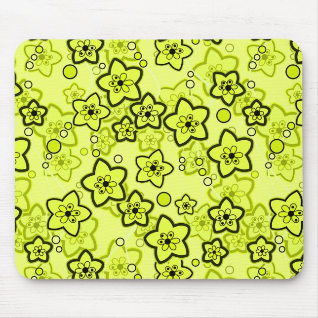 Yellow with black bright neon floral pattern mouse mat (Front)